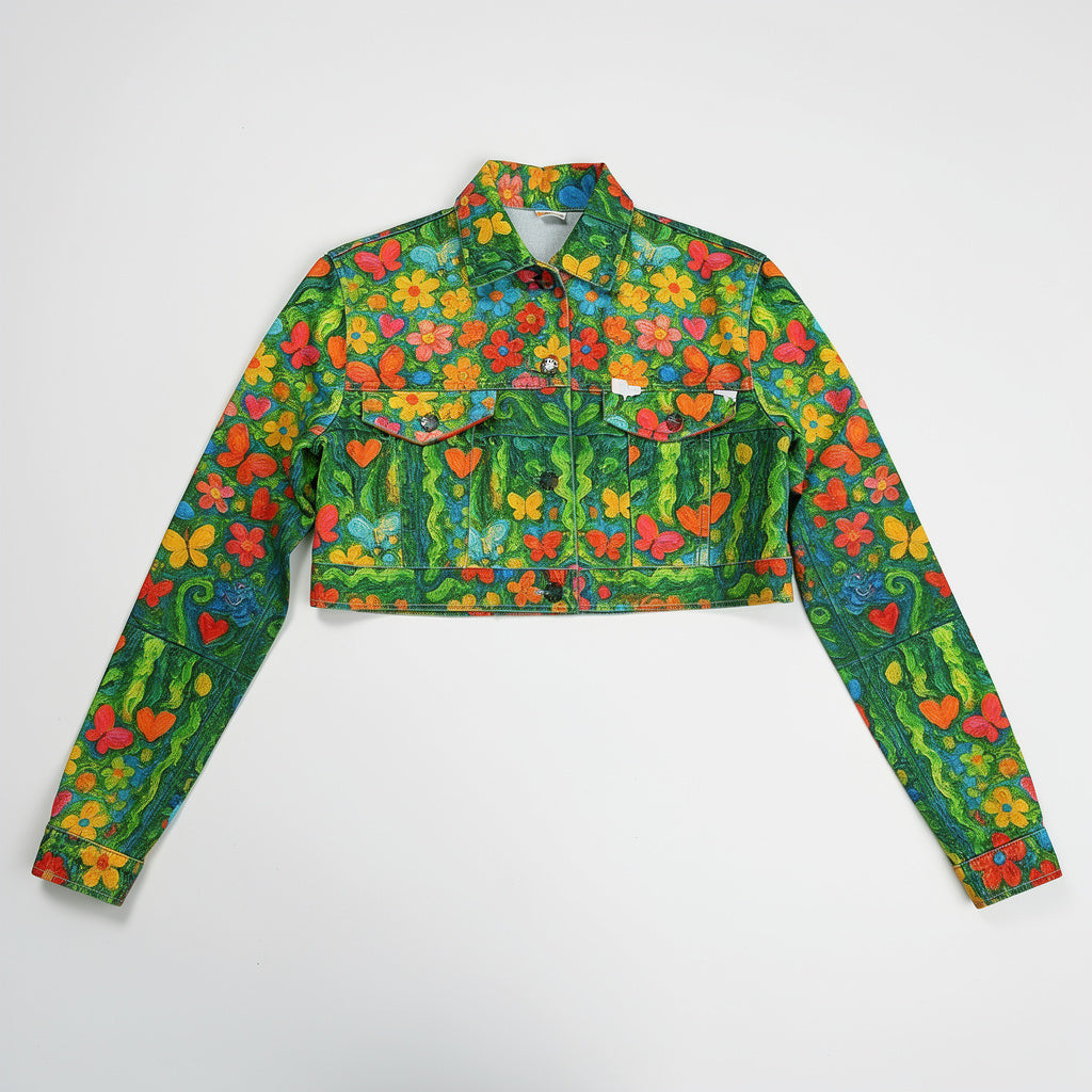 Cropped Jean Cotton Jacket Butterfly Flowers