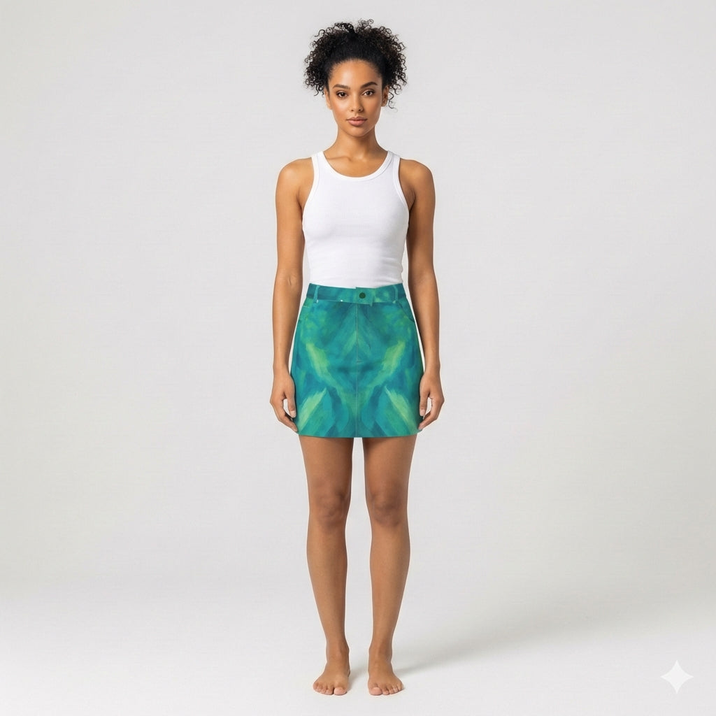 Denim Mini Skirt Turquoise Watercolors