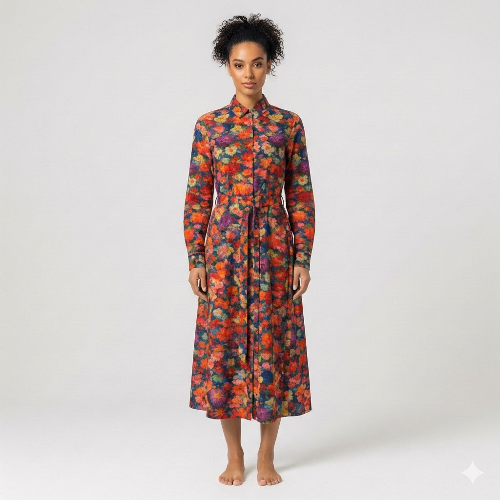 Button Front Shirt Dress Red Flower Bed