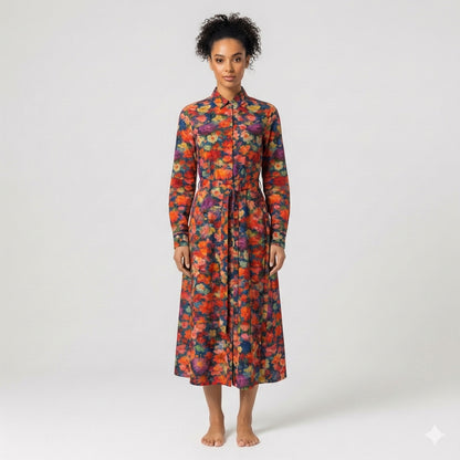 Button Front Shirt Dress Red Flower Bed