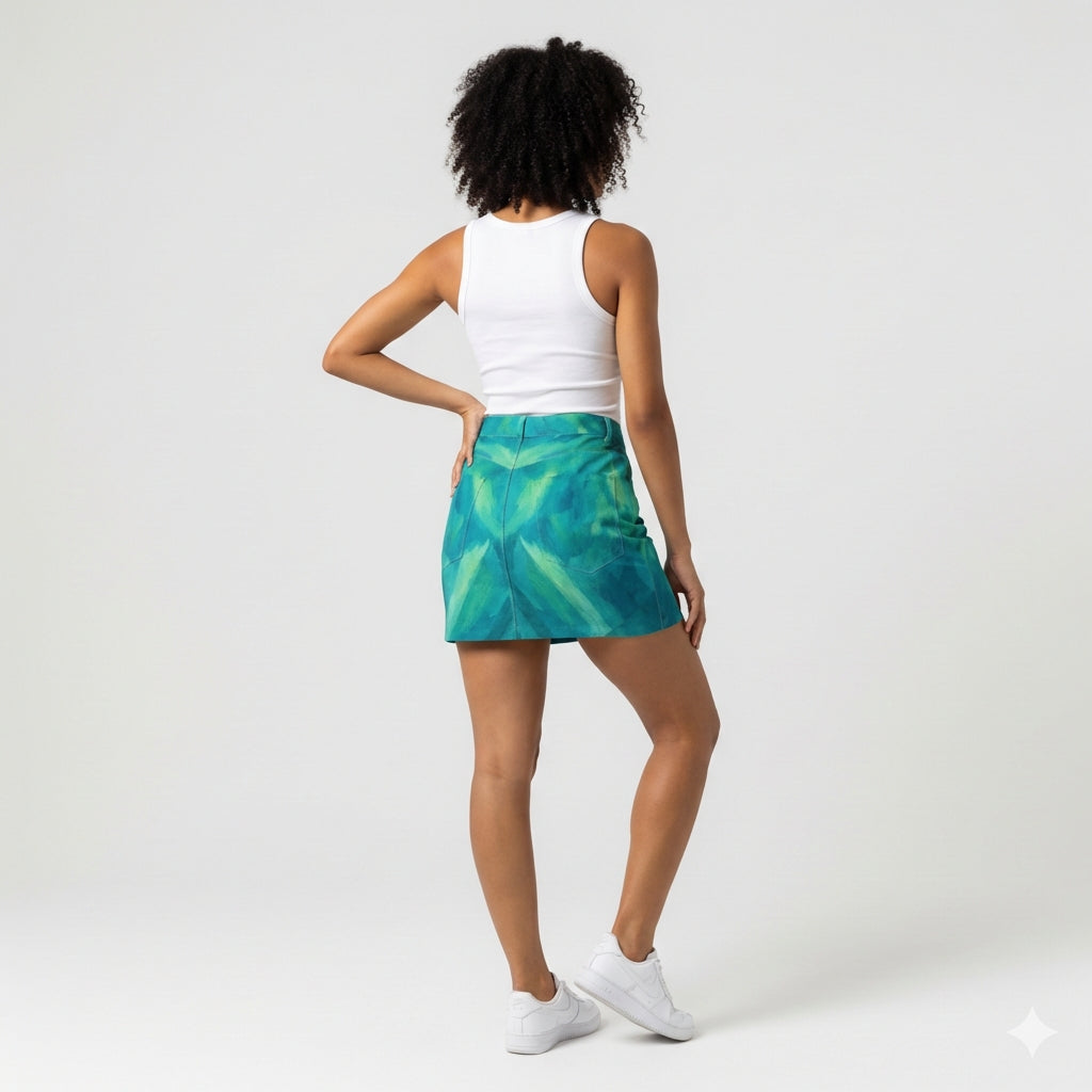 Denim Mini Skirt Turquoise Watercolors