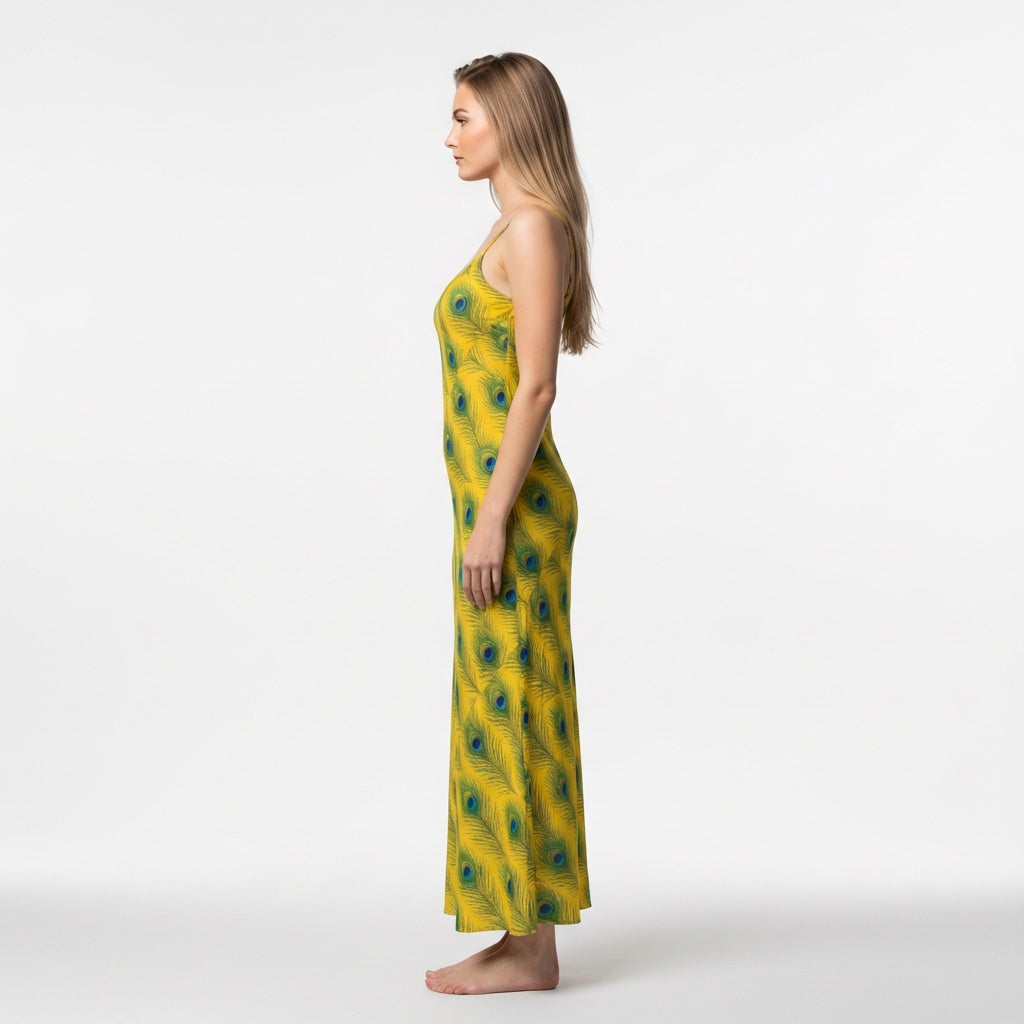 Bias Slip Dress Yellow Peacock Feathers