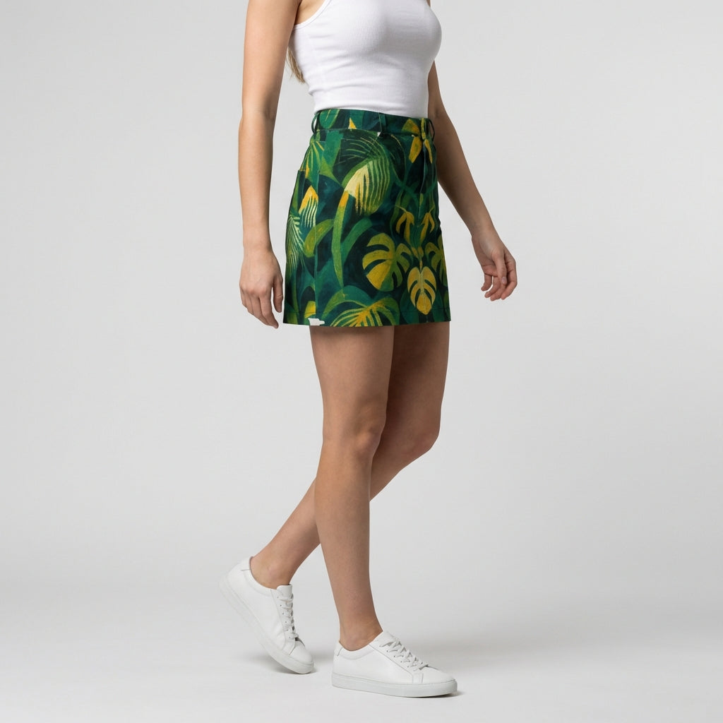 Denim Mini Skirt Green Leaves