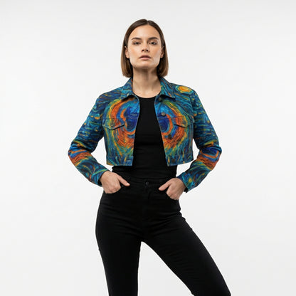 Cropped Jean Cotton Jacket Orange Peacock Feather
