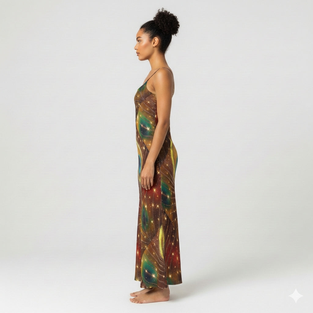 Bias Slip Dress Golden Peacock Feather