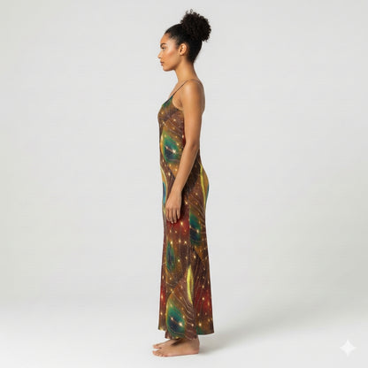 Bias Slip Dress Golden Peacock Feather