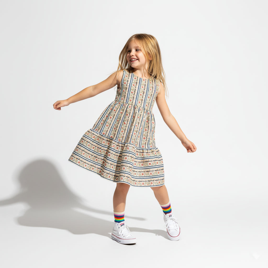 Girl Floral Stripe Corduroy Dress