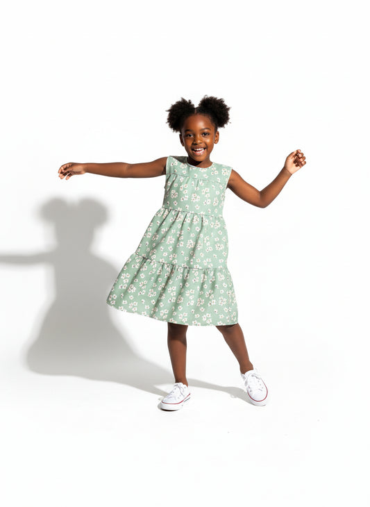 Kid's Ruffle Dress Without Lining in Sage Primrose