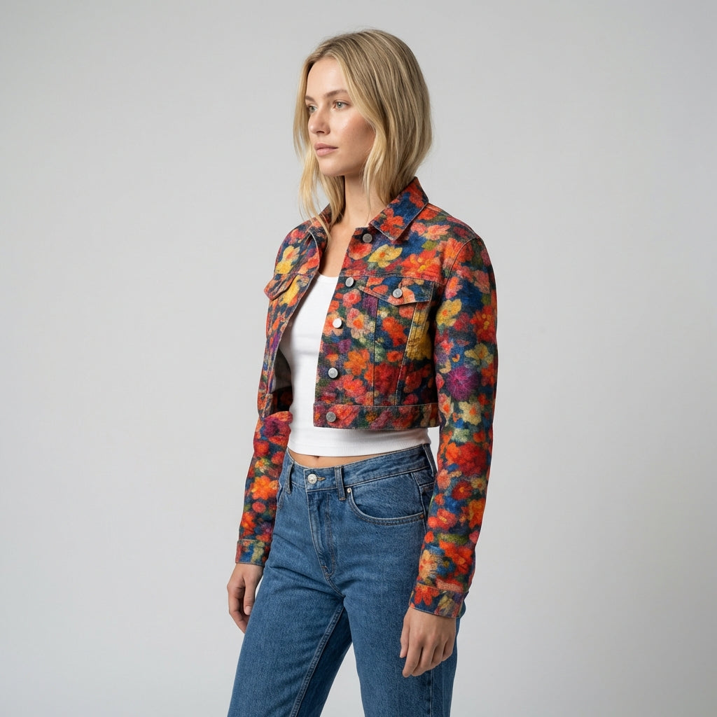 Cropped Jean Cotton Jacket Red Flower Bed