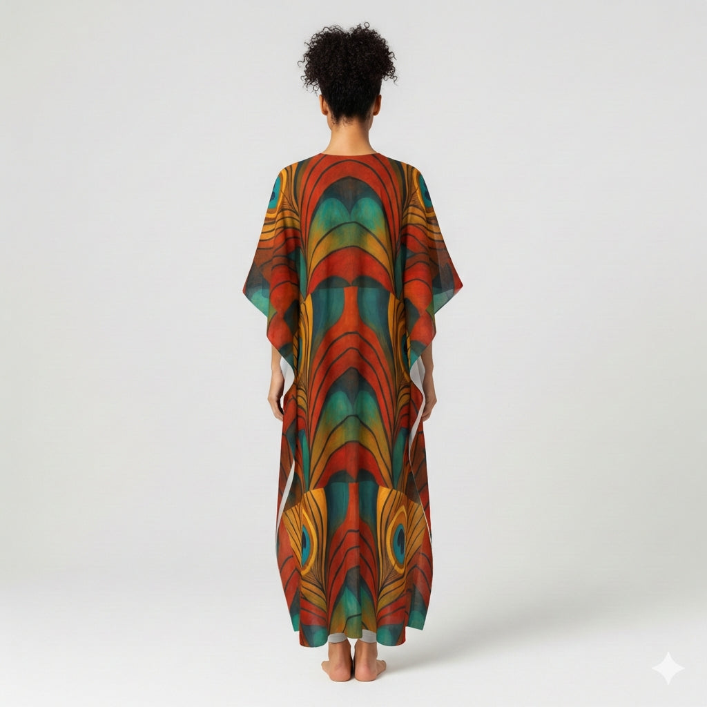 Caftan Yellow Peacock Feather in Lightweight Organic Cotton Voile