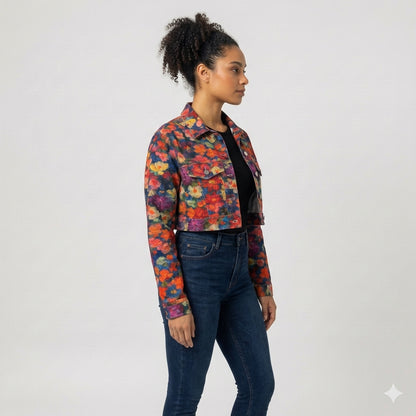 Cropped Jean Cotton Jacket Red Flower Bed