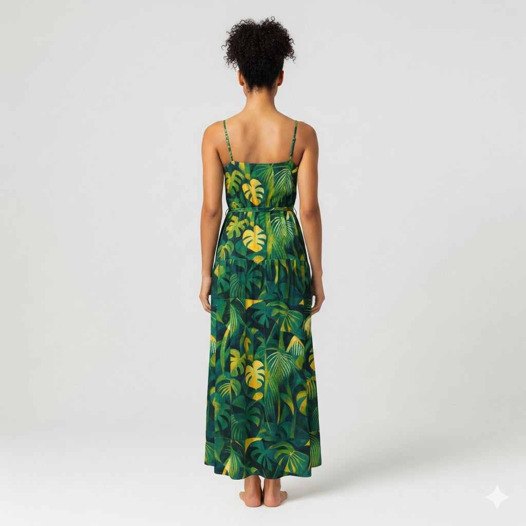 Maxi Dress with Waist Tie Green Leaves