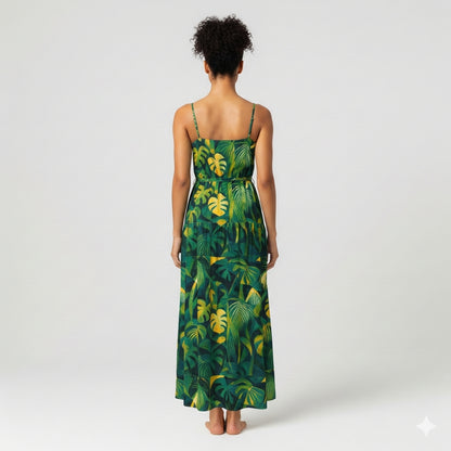 Maxi Dress with Waist Tie Green Leaves