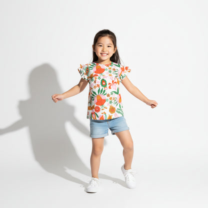 Kid's Ruffled Sleeve Top in Ecru Dutch Blossoms