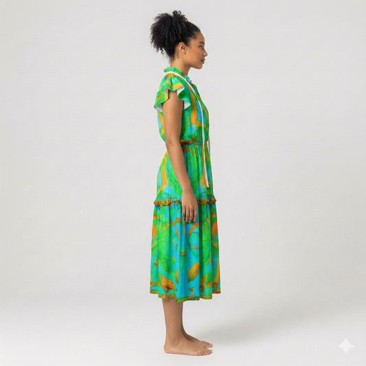Ruffle Sleeve Dress Palm Tree Island