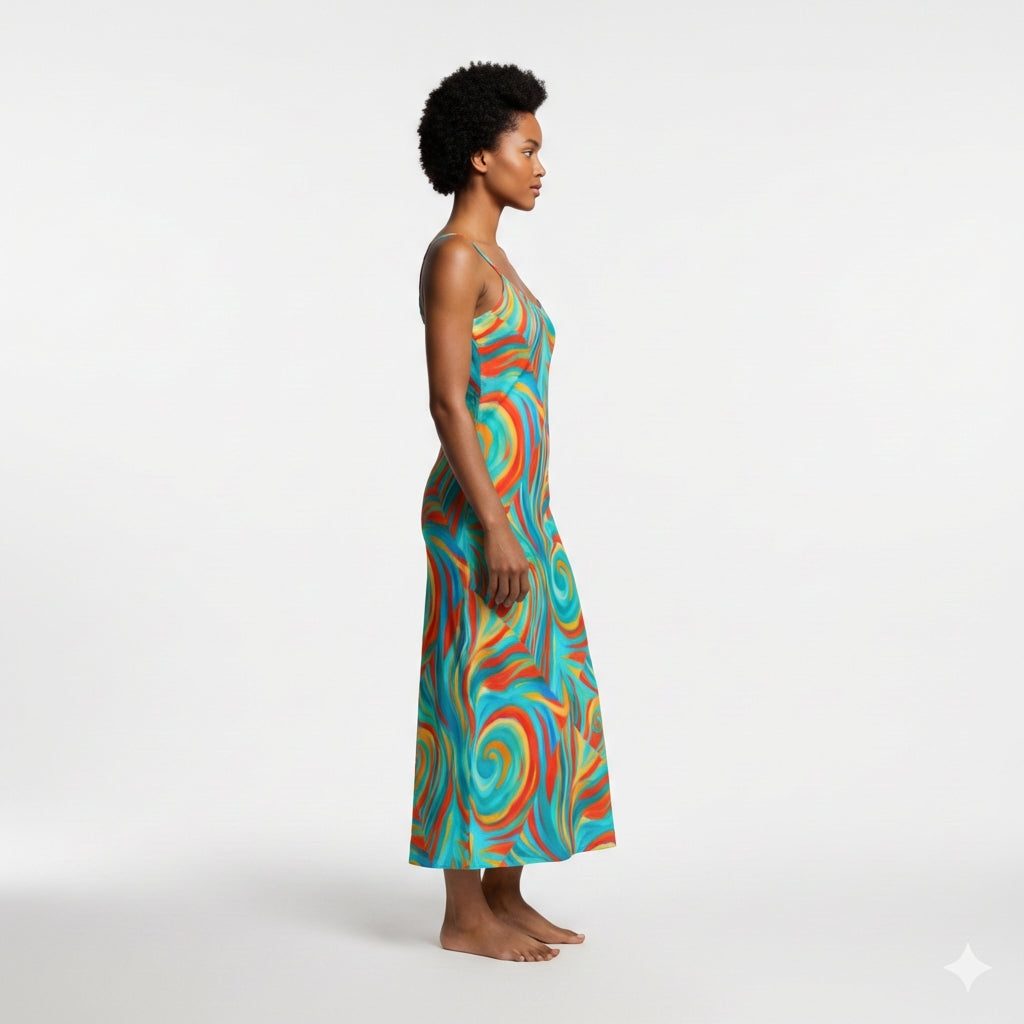 Bias Slip Dress Cyan Swirls