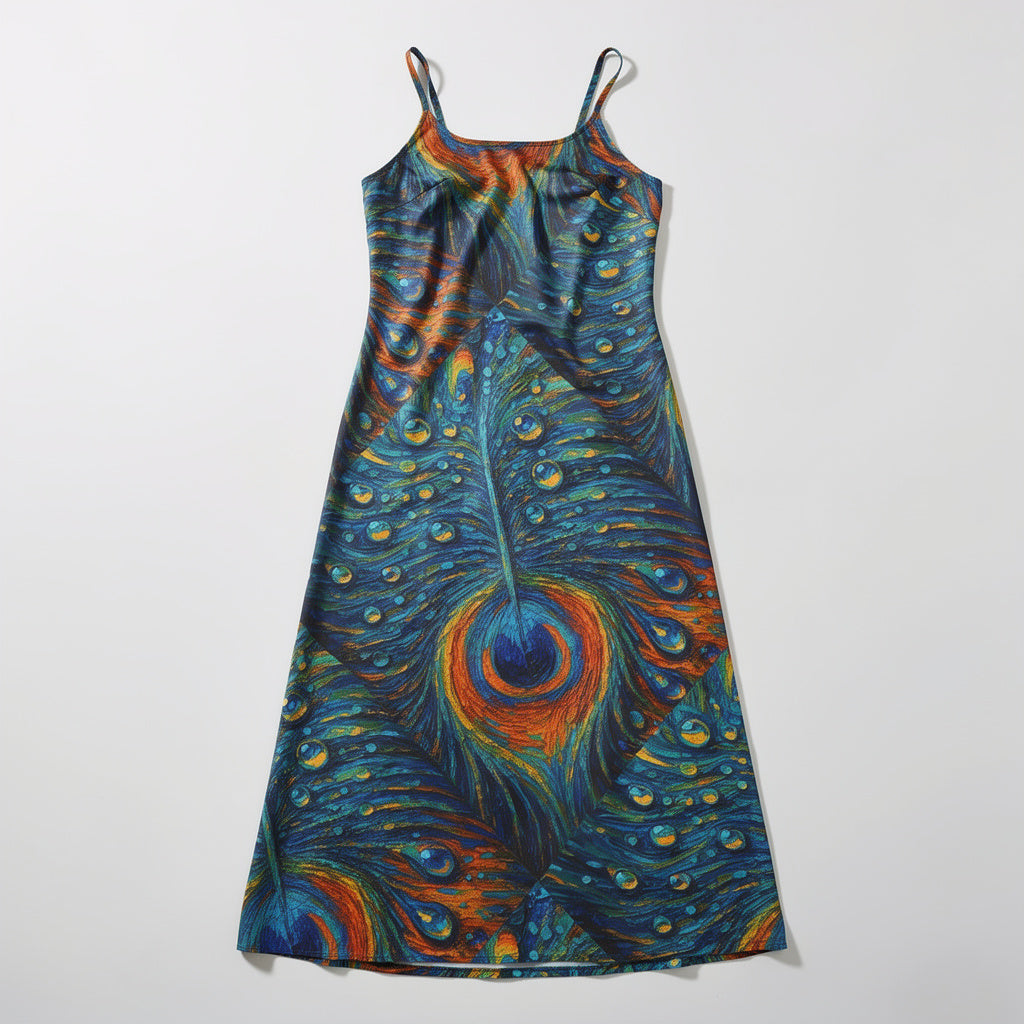Bias Slip Dress Orange Peacock Feather