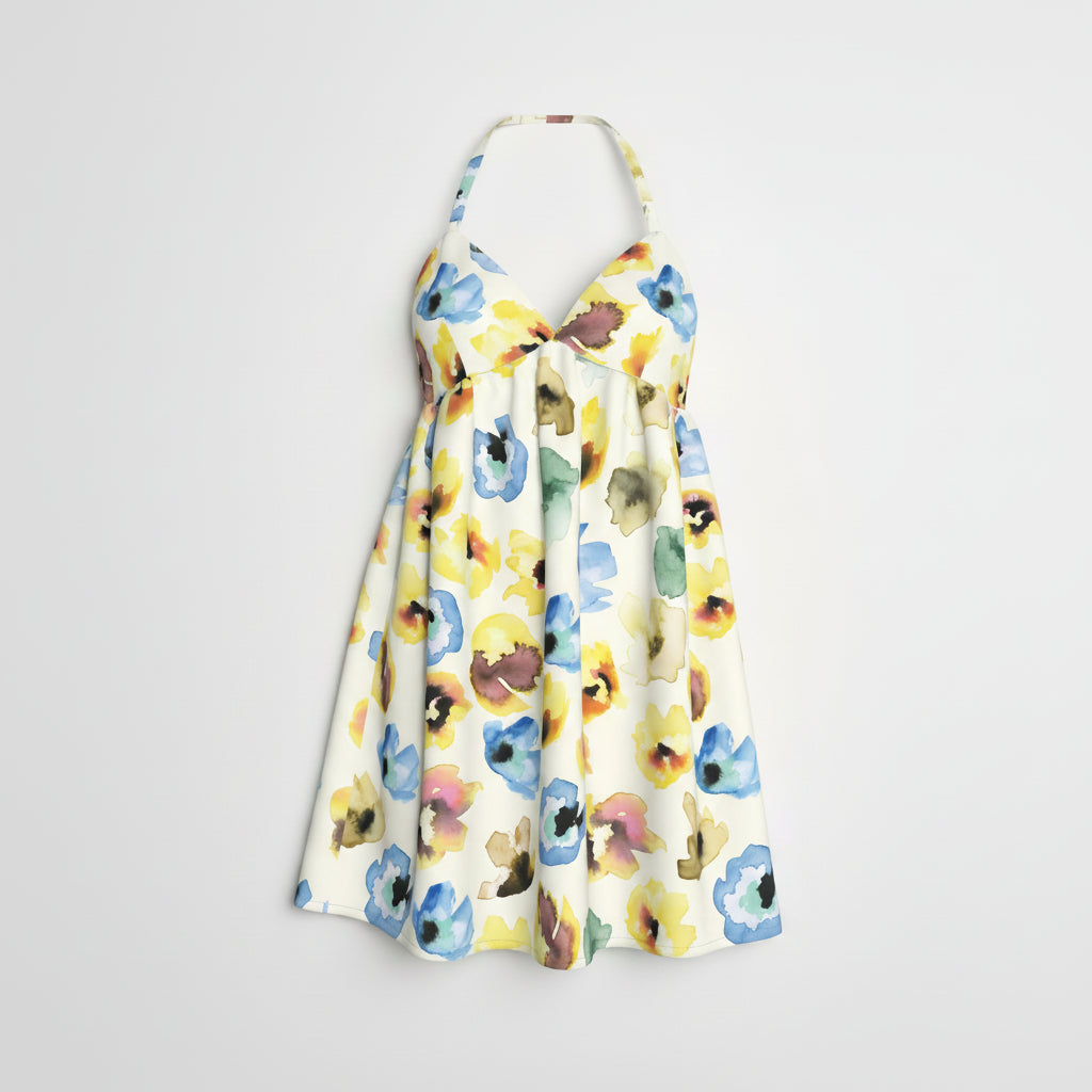 Halter Babydoll Dress in Watercolor Floral Cotton Poplin