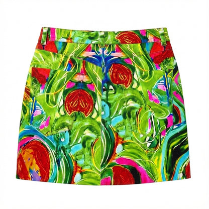 Denim Mini Skirt in Abstract Watercolor Print