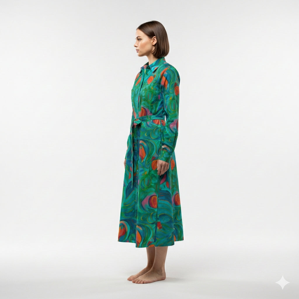 Button Front Shirt Dress Floral Swamp in Lightweight Cotton Poplin