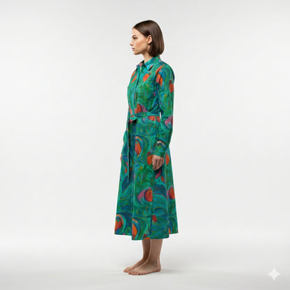 Button Front Shirt Dress Floral Swamp in Lightweight Cotton Poplin