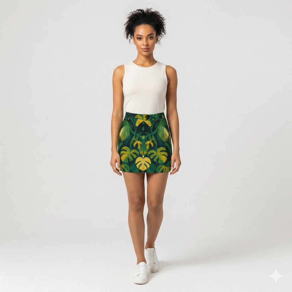 Denim Mini Skirt Green Leaves