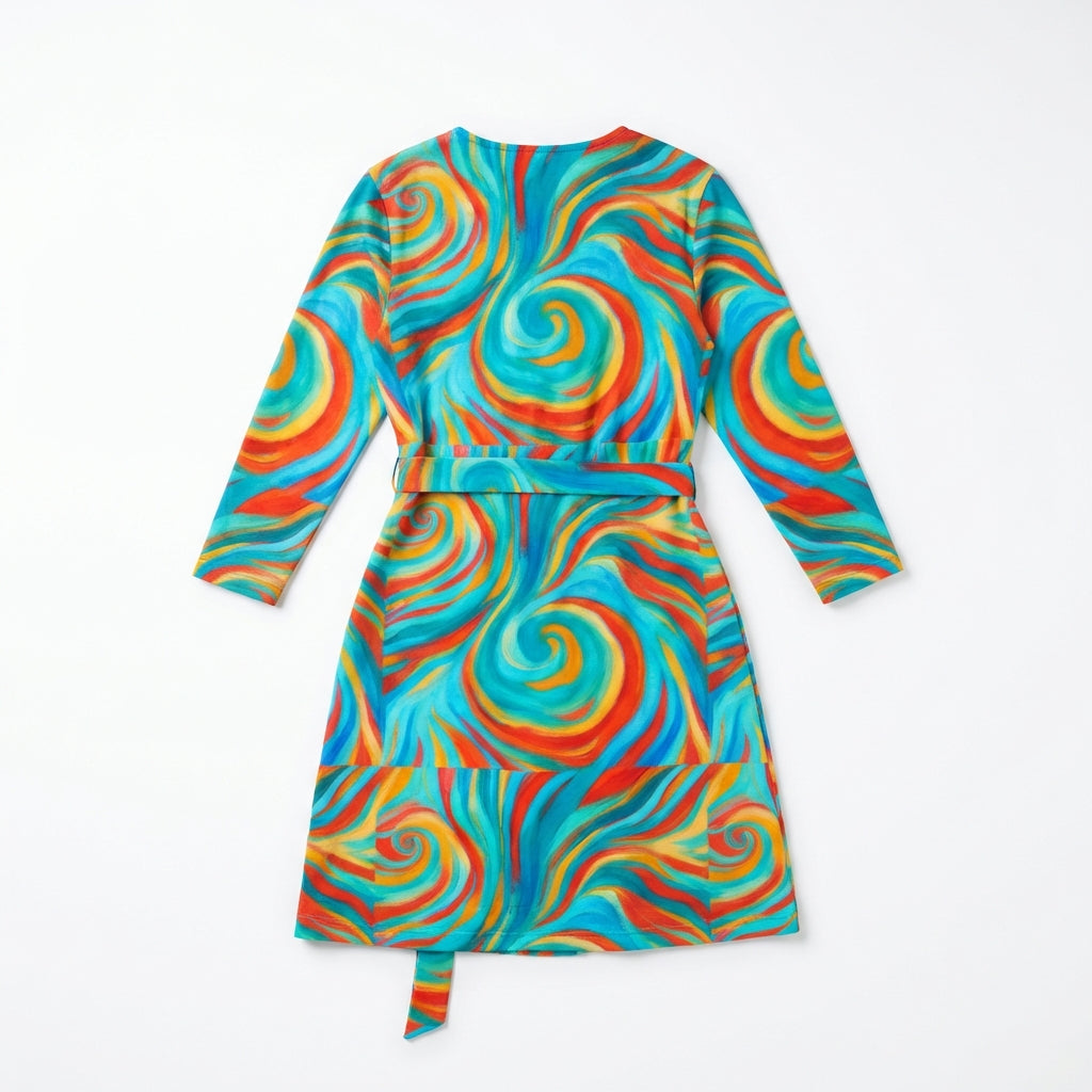 Wrap Dress Cyan Swirls – Traditional Jersey Wrap Dress