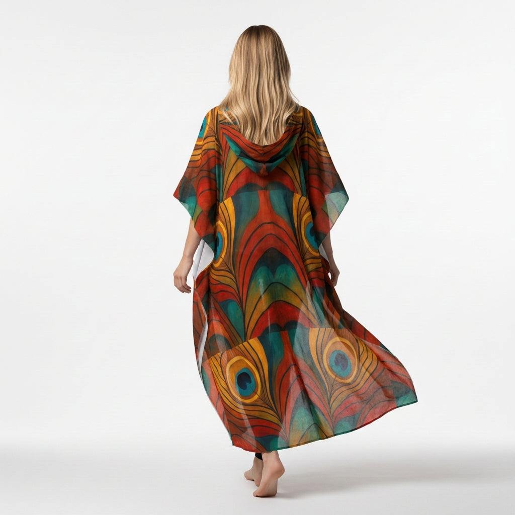 Caftan Yellow Peacock Feather in Lightweight Organic Cotton Voile