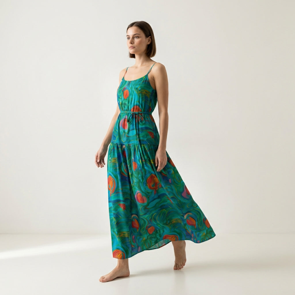 Maxi Dress with Waist Tie Floral Swamp