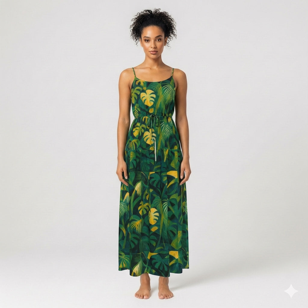 Maxi Dress with Waist Tie Green Leaves