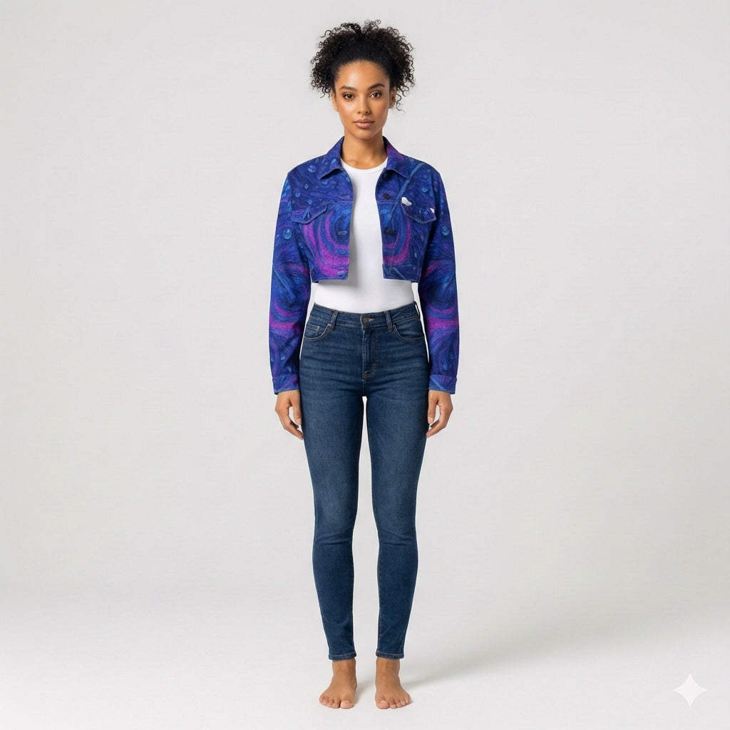 Cropped Jean Cotton Jacket Blue Peacock Feather