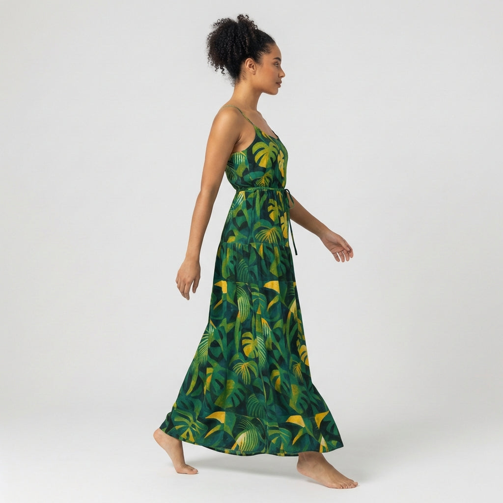 Maxi Dress with Waist Tie Green Leaves
