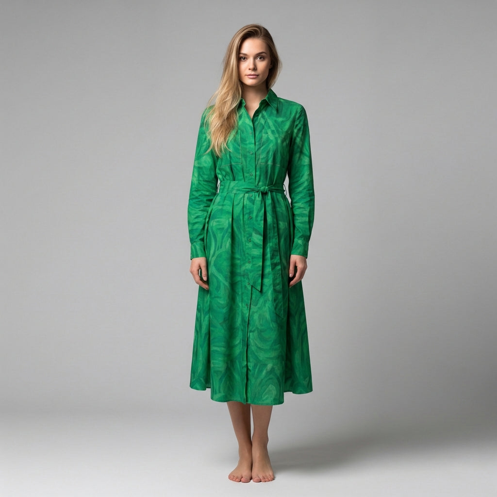 Button Front Shirt Dress Dark Green Noodles