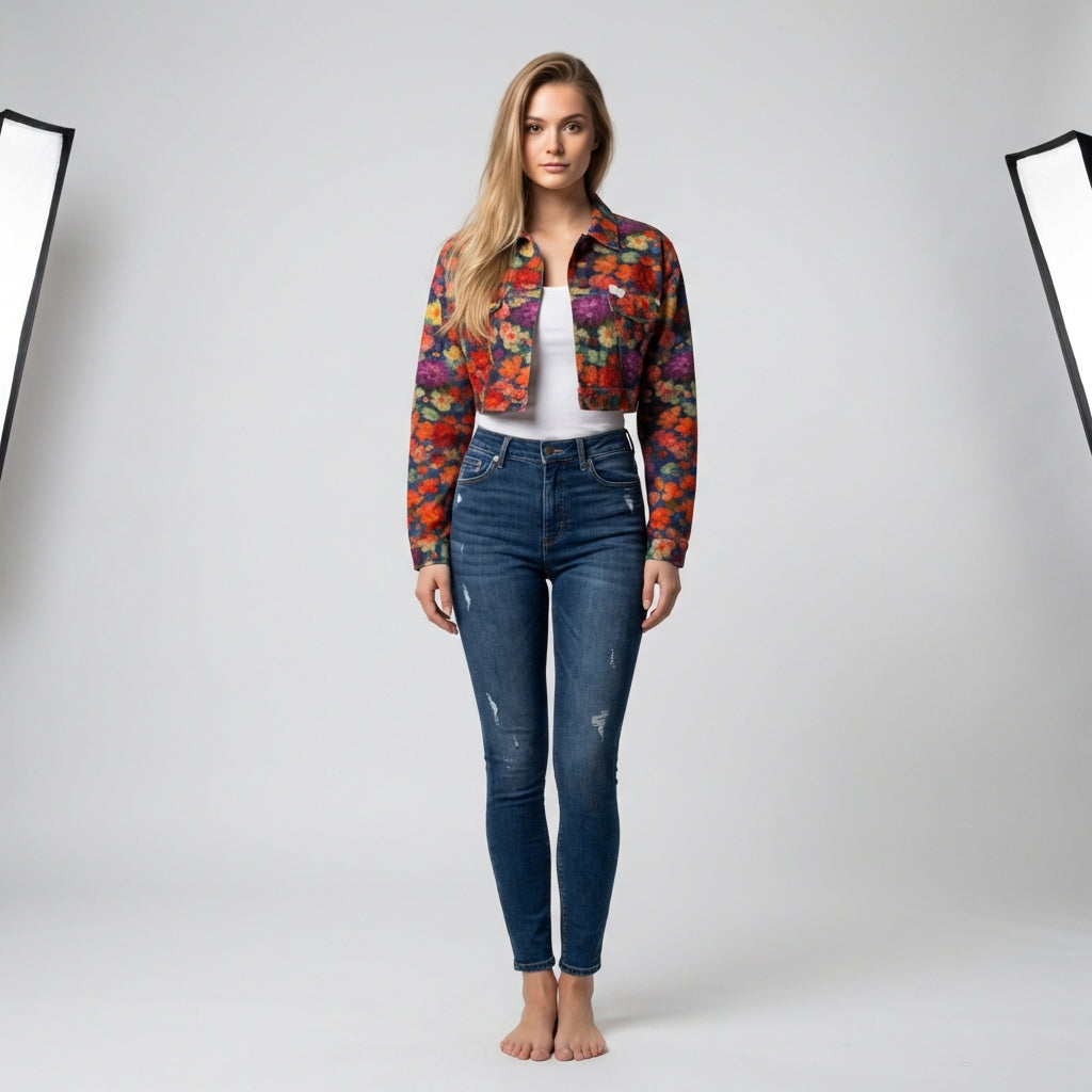 Cropped Jean Cotton Jacket Red Flower Bed