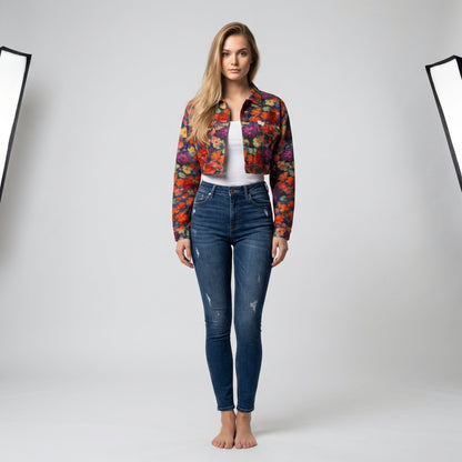 Cropped Jean Cotton Jacket Red Flower Bed