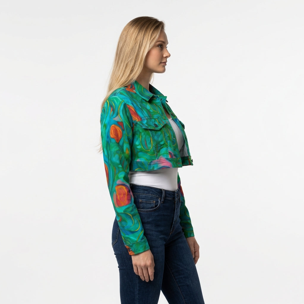 Cropped Jean Cotton Jacket Floral Swamp