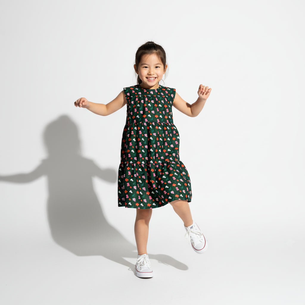 Kid's Ruffle Dress Without Lining in Evergreen Painted Poppies