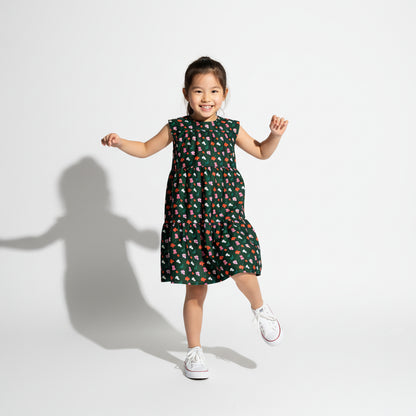 Kid's Ruffle Dress Without Lining in Evergreen Painted Poppies