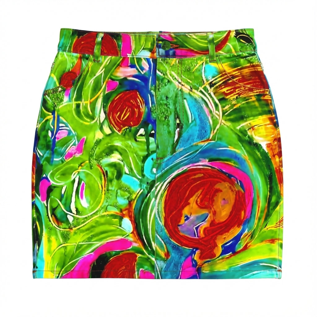 Denim Mini Skirt in Abstract Watercolor Print