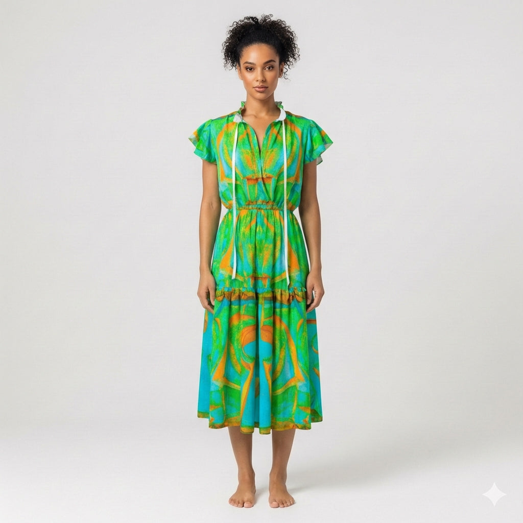 Ruffle Sleeve Dress Palm Tree Island
