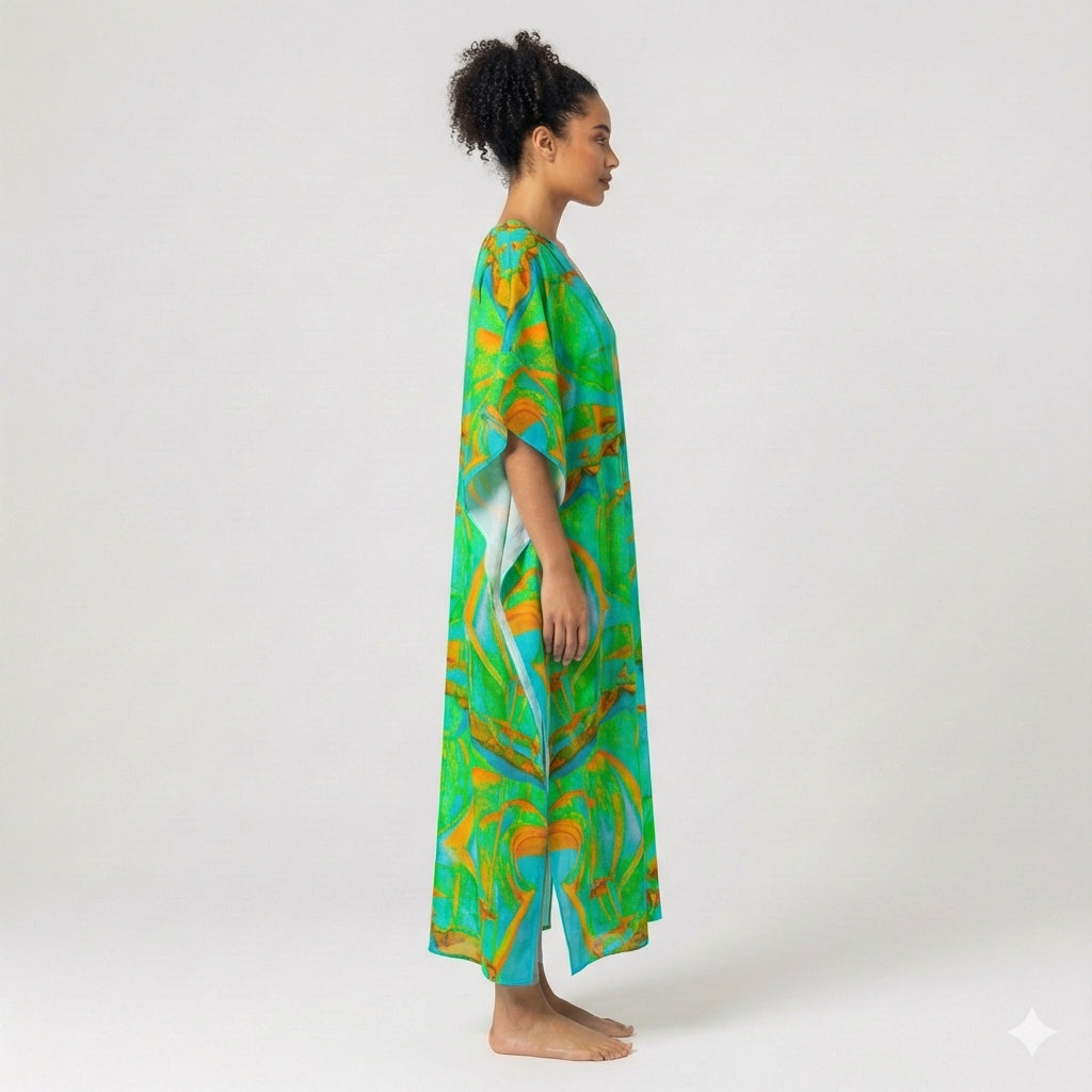 Caftan Palm Tree Island in Lightweight Organic Cotton Voile