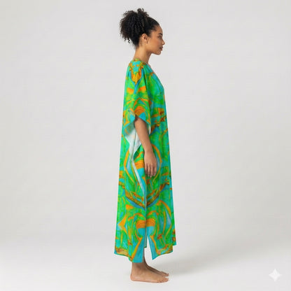 Caftan Palm Tree Island in Lightweight Organic Cotton Voile