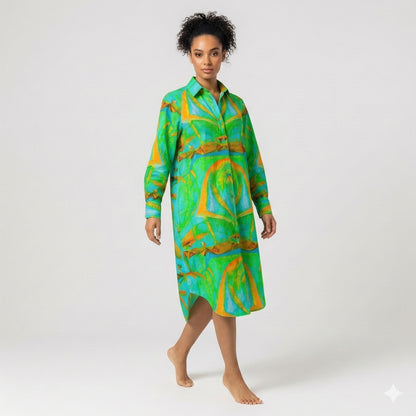 Long Sleeve Shirt Dress Palm Tree Island