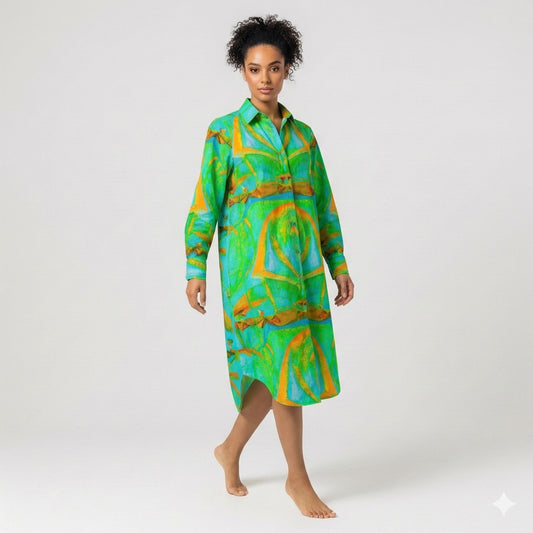 Long Sleeve Shirt Dress Palm Tree Island