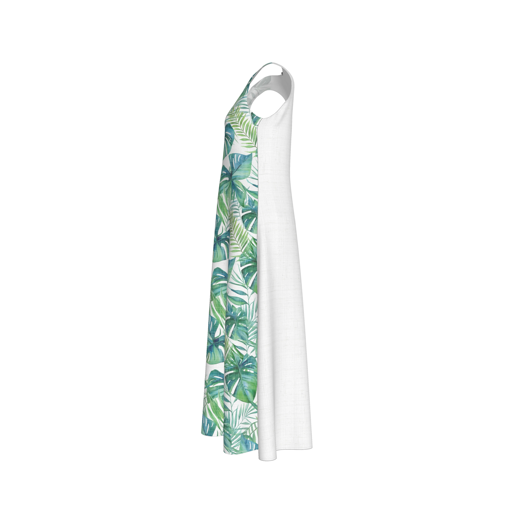 V-Neck A-Line Palm Dress in White Organic Cotton Twill