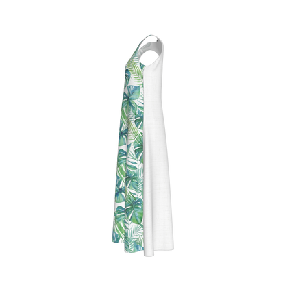 V-Neck A-Line Palm Dress in White Organic Cotton Twill