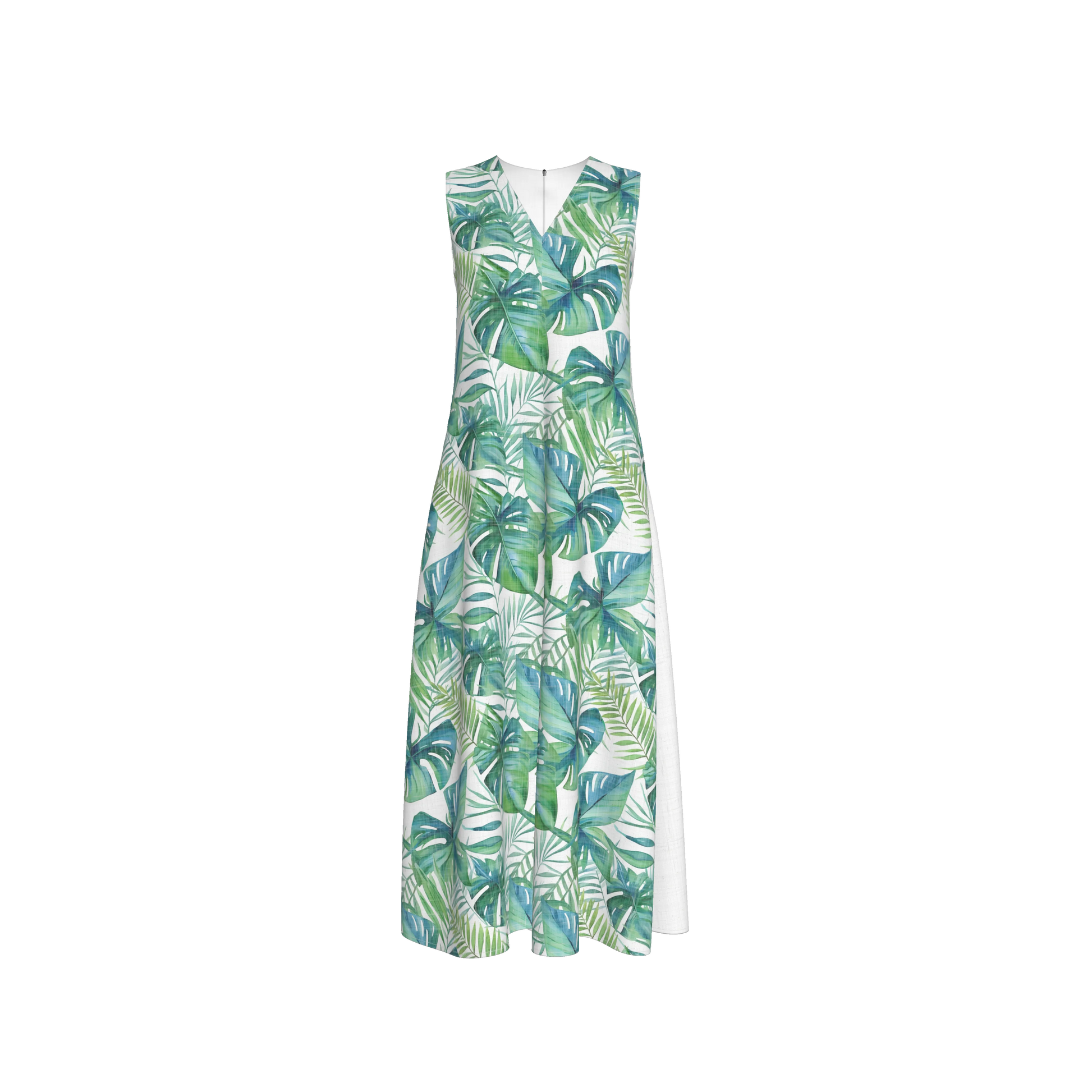 V-Neck A-Line Palm Dress in White Organic Cotton Twill