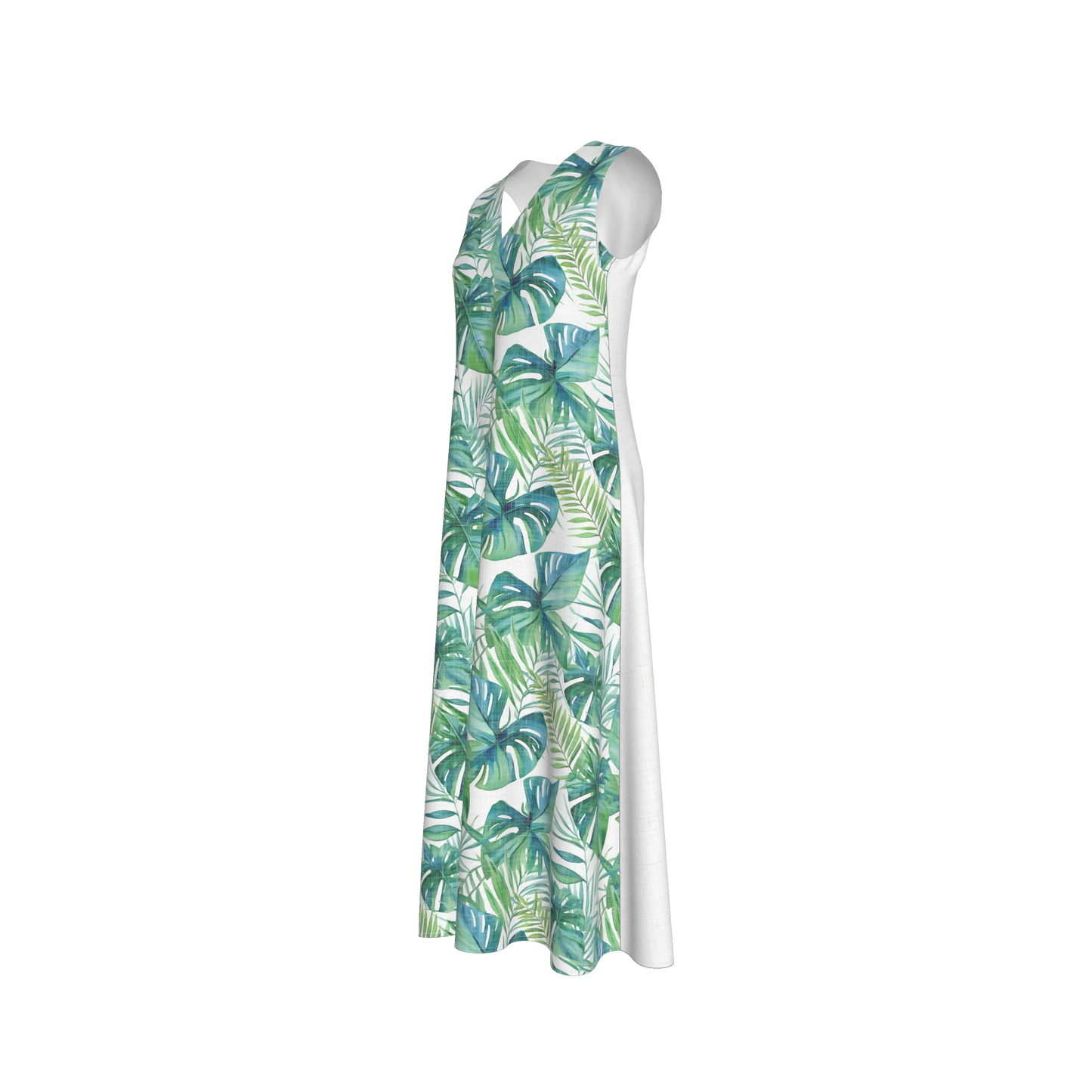 V-Neck A-Line Palm Dress in White Organic Cotton Twill