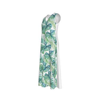 V-Neck A-Line Palm Dress in White Organic Cotton Twill