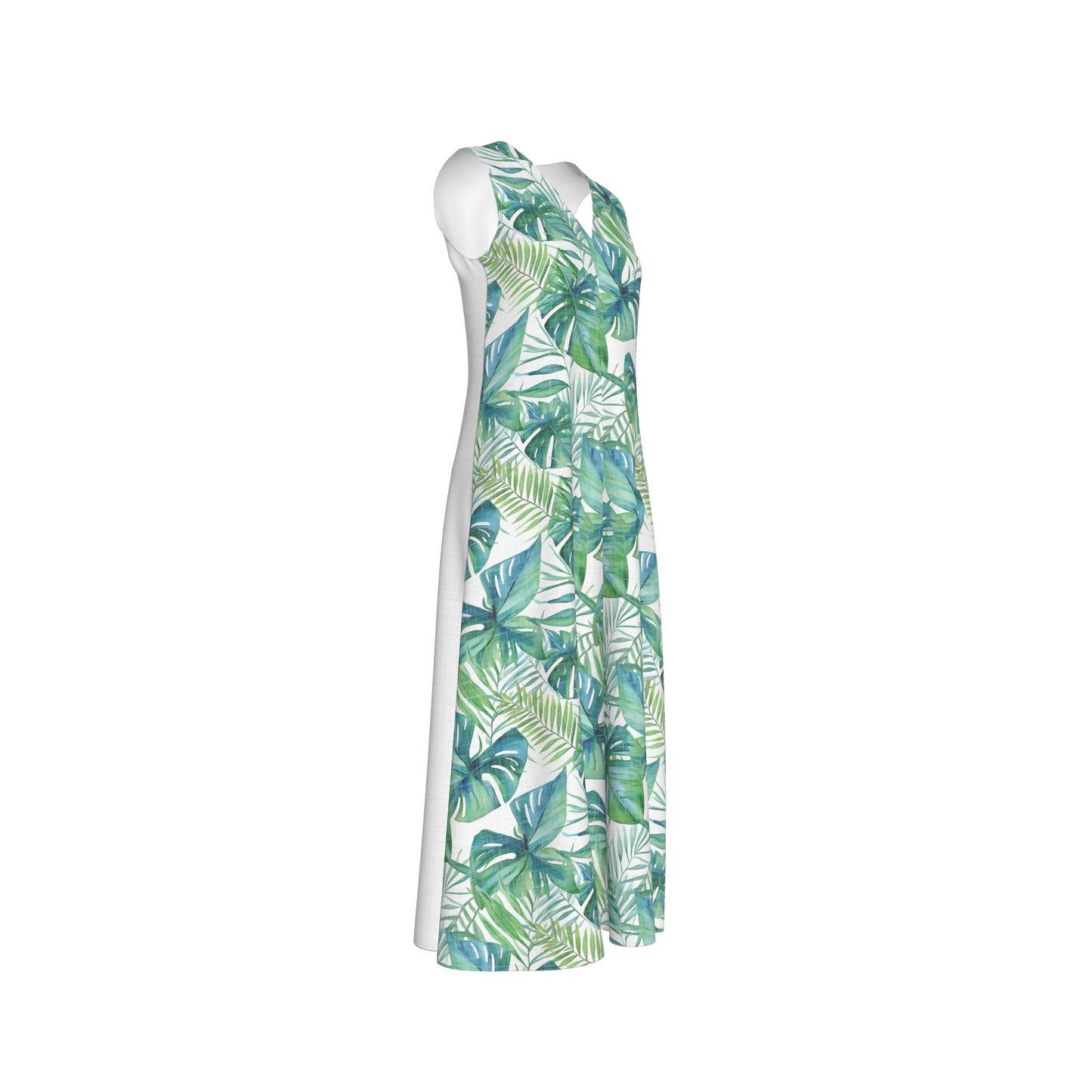 V-Neck A-Line Palm Dress in White Organic Cotton Twill